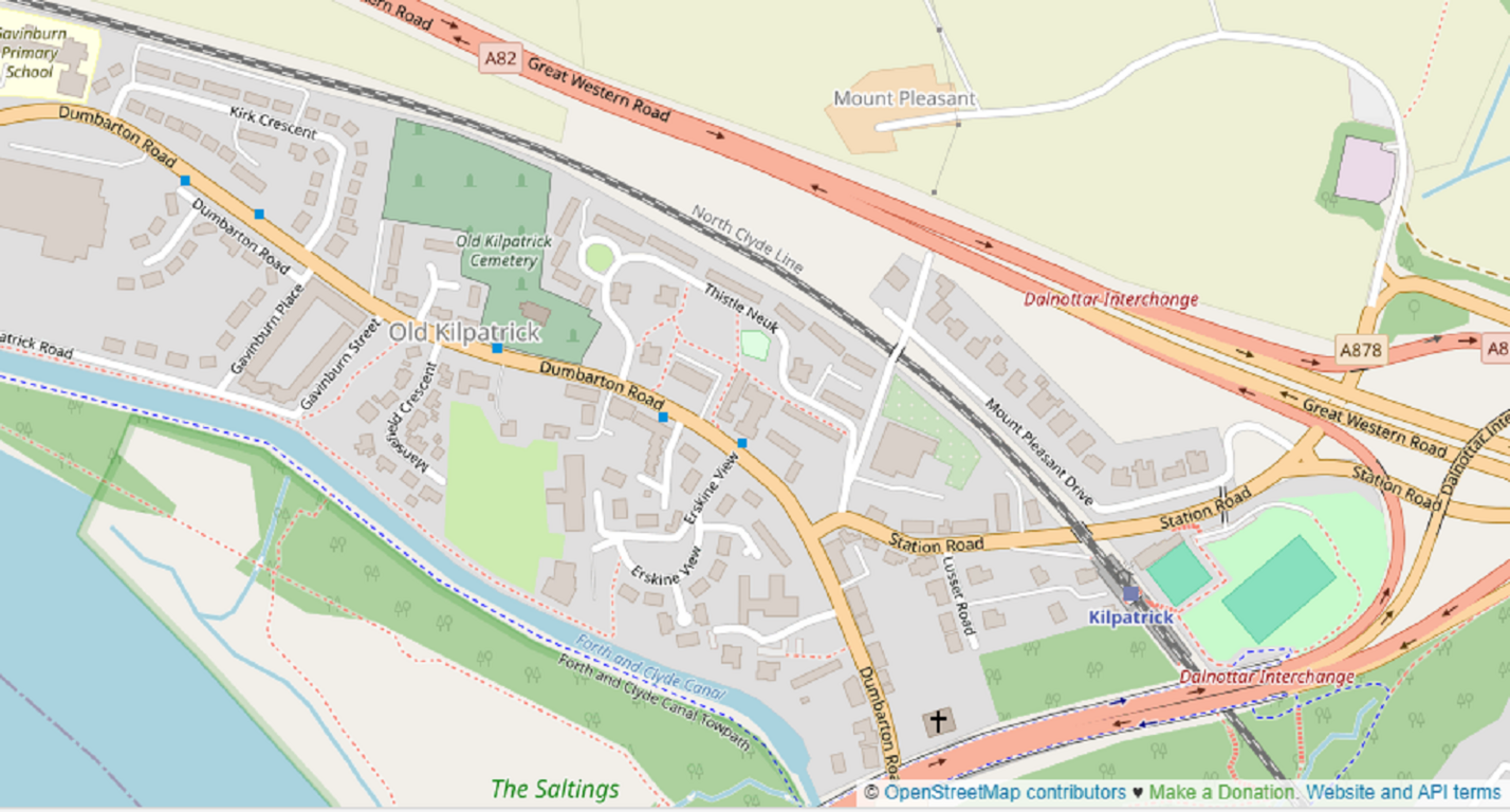 Screenshot of Old Kilpatrick map from OpenStreetsMap.org